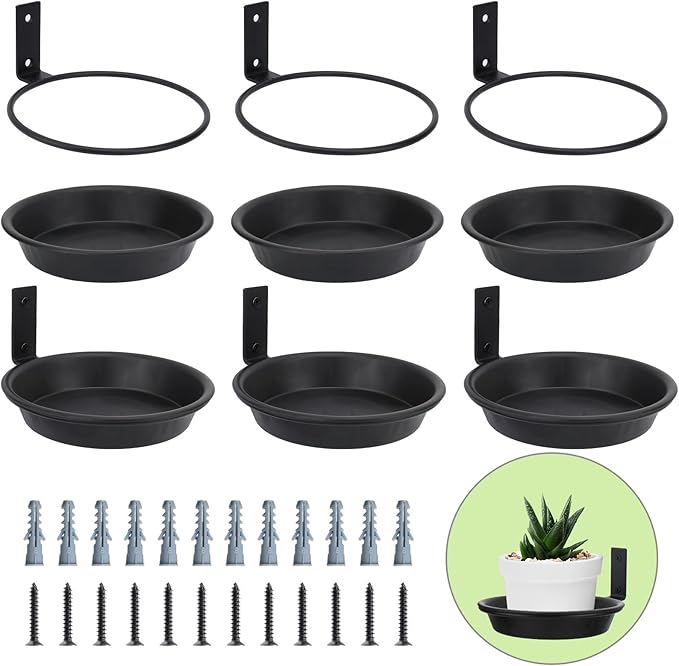 6 Inch Wall Mount Plant Holder with Saucer Trays, 6 Pack Heavy Duty Metal Flower Pot Holder Ring Plant Hanger for Wall Indoor, Ring Planter Bracket for Outside Outdoor Bird Feeder Bath
