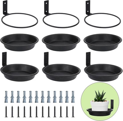 6 Inch Wall Mount Plant Holder with Saucer Trays, 6 Pack Heavy Duty Metal Flower Pot Holder Ring Plant Hanger for Wall Indoor, Ring Planter Bracket for Outside Outdoor Bird Feeder Bath