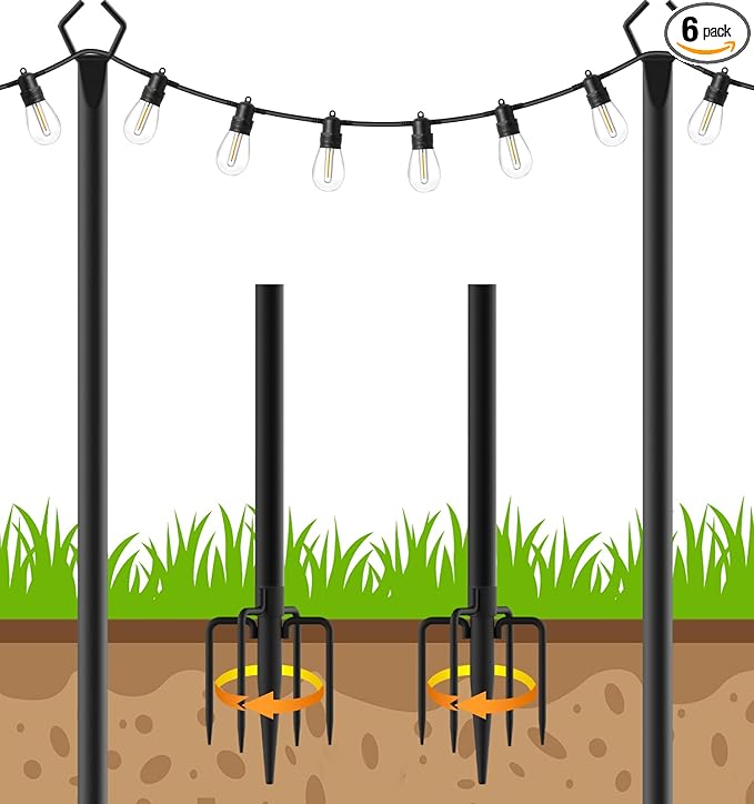 AHRLHR 2 Pack String Light Poles, Outdoor String Light Pole 10ft Forked Metal Light Pole with Adjustable Outdoor Light Stand, Deck, Backyard, Garden, Wedding, Rustproof and Sturdy with Hooks