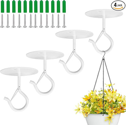4 Pcs White Ceiling Hooks for Hanging Plants Holder with Safety Buckle,Ceiling Decor Hook Heavy Duty,Metal Plant Hanger Indoor&Outdoor.Hooks for Hanging Plants,Wind Chime,Bird Feeders (White)