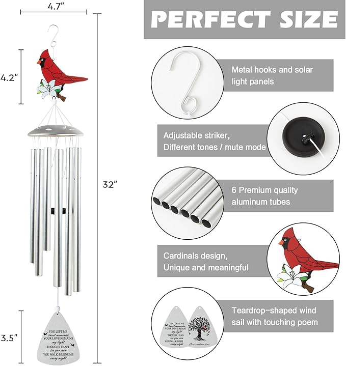 Cardinal Bird Sympathy Wind Chimes, Memorial Wind Chimes for Loss of Loved One Prime, Bereavement/Sympathy/Memorial Gift for Loss of Mother Father Husband Condolence (Silvery)
