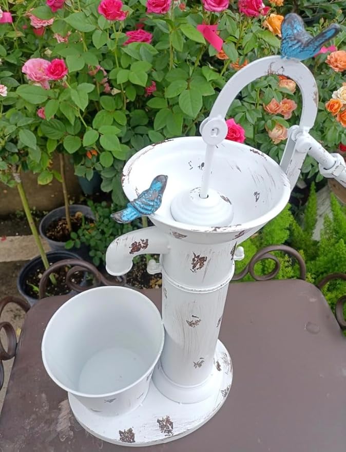 Vintage Garden Water Pump Decor, Rustic Wrought Iron Bird Bath, Red, Blue, White, Rust, Outdoor Yard Decor, Height 22 Inches (White)