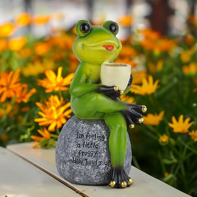 OrnamentallyYou Spring & Summer-Themed Garden Statues – Adorable Outdoor Decor for Lawn, Patio & Porch (Coffee Drinking Frog Garden Statue with Funny Quote)