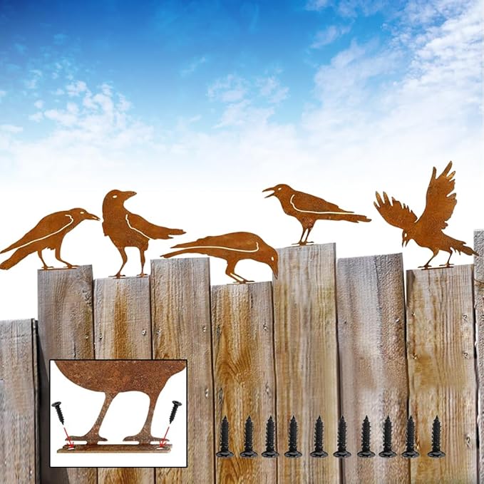5PCS Rusty Metal Birds Decoration, Outdoor Fence Yard Decor, Metal Bird Art, Fence Decorations Outdoor, Rustic Garden Decor, Garden Sculptures Statues, Lawn Ornaments (Raven)