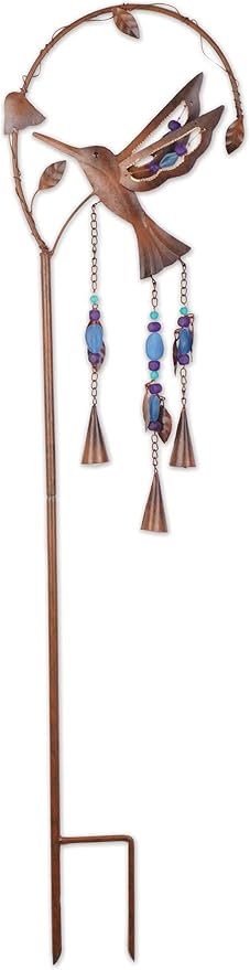Sunset Vista Designs Outdoor Garden Décor - Rustic Metal Boho Wind Chime Stake with Copper Bells, 42" Tall, Purple Hummingbird