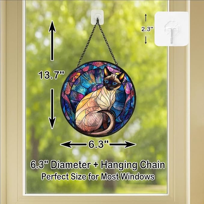 Stained Glass Window Hanging - Halloween Siamese Cat， 6.3in Sun Catchers Panel for Indoor Decorative Display for Mom， Wife， Lovers， Festive