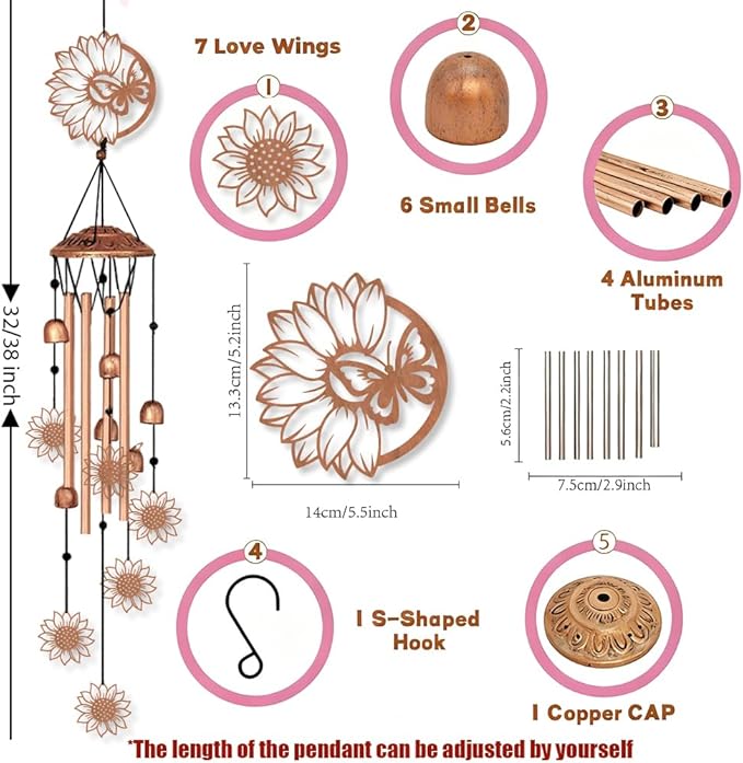 INFUNLY Sunflowers Wind Chimes for Outside Butterfly Metal Wind Chime Aluminum Windchime Tubes Memorial Wind-Bell Retro Music Windchimes with Bells for Yard Garden Decor Housewarming Birthday Gift