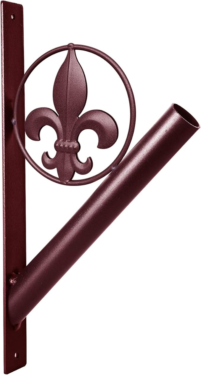 Flag Pole Holder – Fleur de Lis Rustic Iron Bracket Mount Outdoor Wall Décor for House, Metal Decorative Mounted Holders for Poles, Flags, and Banner for Outside Porch, 1-1/8” Inner Diameter (Brown)