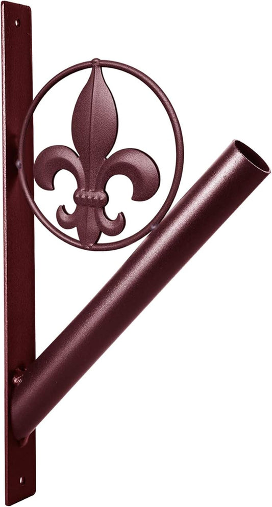Flag Pole Holder – Fleur de Lis Rustic Iron Bracket Mount Outdoor Wall Décor for House, Metal Decorative Mounted Holders for Poles, Flags, and Banner for Outside Porch, 1-1/8” Inner Diameter (Brown)