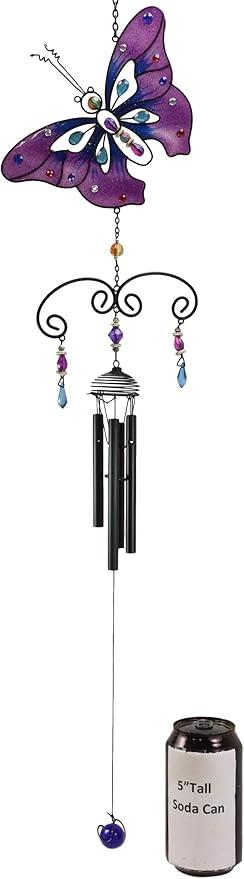 Ebros Gift Colorful Stained Glass Flitting Purple Mariposa Butterfly with Gems and Copper Metal Wind Chime 34.75" Long Resonant Noisemaker Mobile Outdoor Patio Garden Decor Accessory