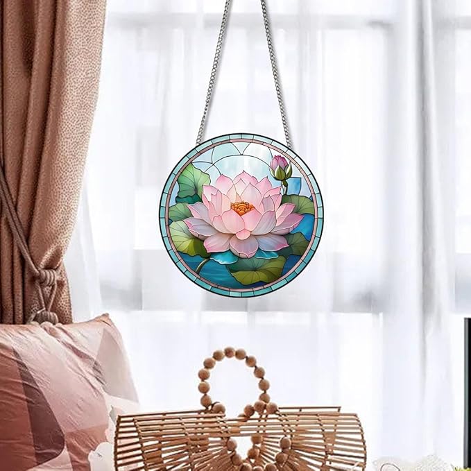 Lotus Stained Window Hangings with Chain – Acrylic Lotus Leaf Flowers Ornament for Garden, Patio and Indoor Decor, Housewarming Gift for Mom, Grandma and Plants Lovers
