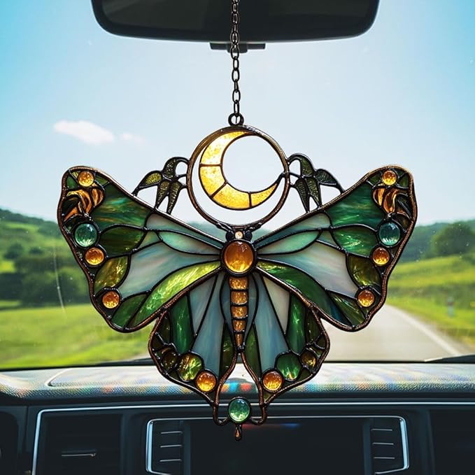 Cresent Moon Luna Moth Acrylic Suncatcher Stained Glass Effect Window Car Hanging Christmas Ornament Indoor Outdoor Decor Garden Sun Catcher Panel for Butterfly Lover for Women Mom Grandma