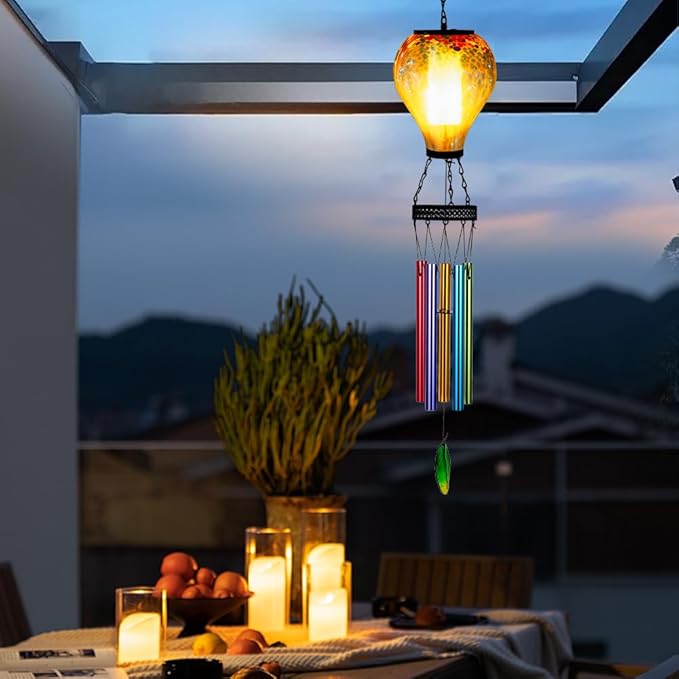 Starsoul Solar Wind Chimes for Outside, Sea Blue Hot Air Balloon Wind Chime with Flickering Flame, Outdoor Glass Windchimes Garden Decor, Gift for Mother's Day