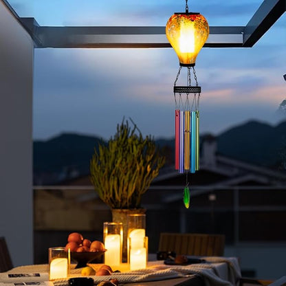 Starsoul Solar Wind Chimes for Outside, Sea Blue Hot Air Balloon Wind Chime with Flickering Flame, Outdoor Glass Windchimes Garden Decor, Gift for Mother's Day