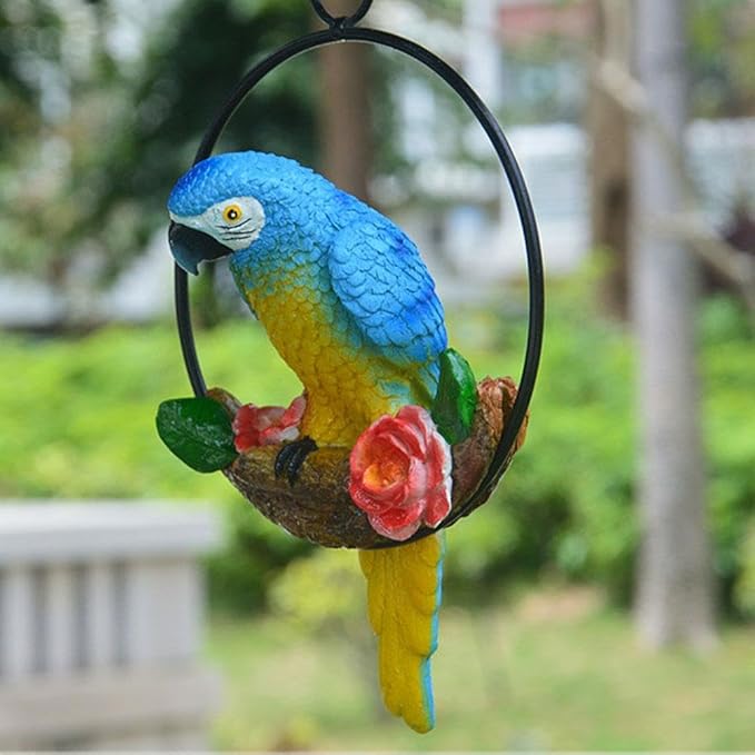 Lifelike Parrot Garden Statues,Resin Parrot Hanging Garden Decor Swing Figurine Ornaments,Parrot Statues for Outside Realistic Bird Sculptures Garden Patio Yard Lawn Figurines for Tree Wall (s4)