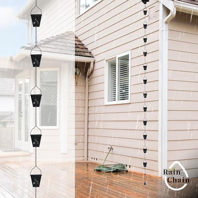 10.92 FT Black Rain Chain, Square Rain Chain for Outside with 12 Cups Adjustable Metal Chain Rain Catcher Chain for Gutters, Eaves, Drainage, Replacement for Downpout