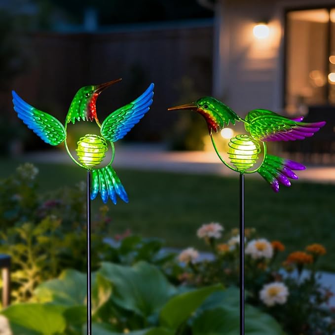 Hummingbird Solar Garden Stakes Lights 2 Pack,Solar Hummingbird Bird Figurine Outdoor Lights for Spring Garden Pathway Lawn Yard Decoration