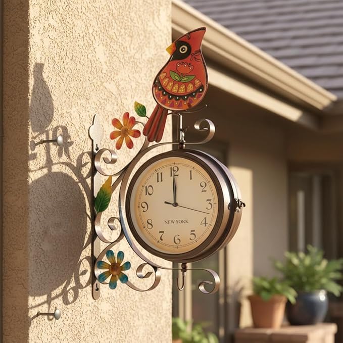 Vintage Indoor Outdoor Clock - Silent Non-Ticking, Double Sided Wall Clock with Cardinal Decor Waterproof for Garden, Patio, Yard, Farmhouse, Home Décor (Red)