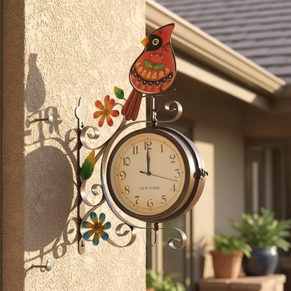 Vintage Indoor Outdoor Clock - Silent Non-Ticking, Double Sided Wall Clock with Cardinal Decor Waterproof for Garden, Patio, Yard, Farmhouse, Home Décor (Red)