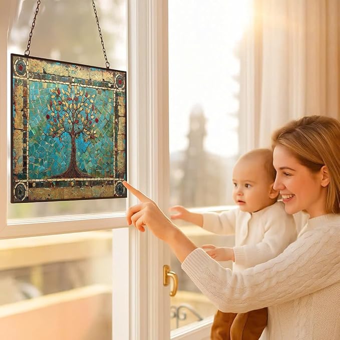 Customized Rectangle Tree of Life Stained Glass Window Hanging Sun Catcher Halloween Haning Ornament Decoration Christmas Birthday Gifts for Lover Friends Mother