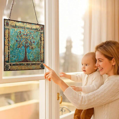 Customized Rectangle Tree of Life Stained Glass Window Hanging Sun Catcher Halloween Haning Ornament Decoration Christmas Birthday Gifts for Lover Friends Mother