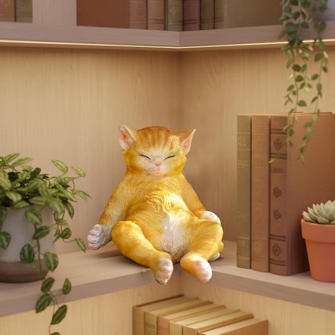 Orange Cat Garden Statue, Funny Resin Cat Figurine for Outdoor Indoor Decor, Cute Relaxing Cat Sculpture for Patio Yard Lawn Porch Shelf, Cat Lover Gift, Weather Resistant, 9.8" L x 5.9" W x 6.7" H