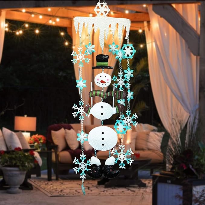 Juegoal Christmas Snowman Wind Chimes with Metal Snowflake, Large for Kids, Xmas Holiday Party Indoor Outdoor Hanging Decoration, 33 Inch