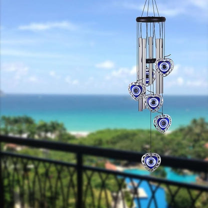 Blue Evil Eye Heart Wind Chimes, Metal Tubes Hanging Ornaments, Car Outdoor Garden Decor (Heart)