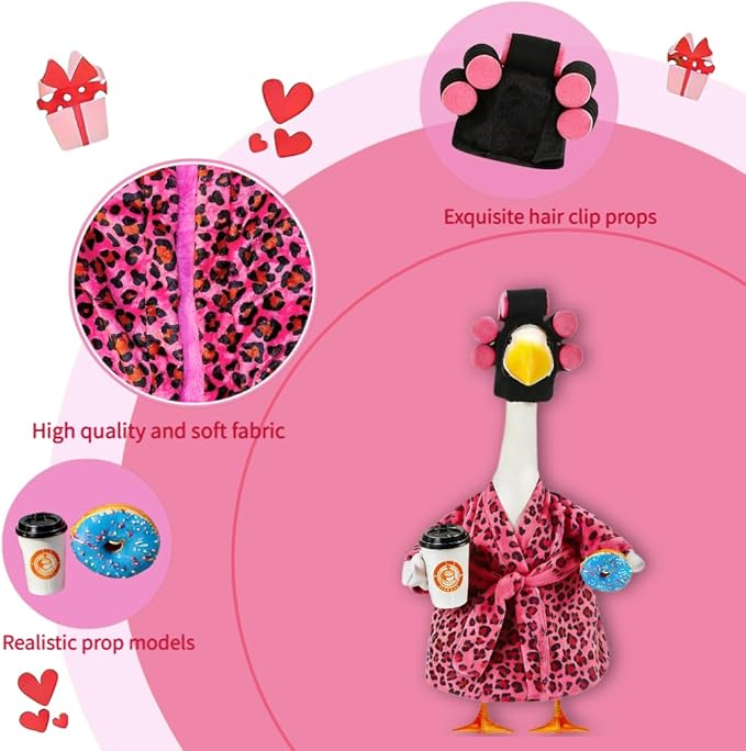 Lady Porch Goose Outfits, Spring Summer Goose Clothes Costume with Pink Leopard Bathrobe for 23/28" Lawn Cement Geese for Garden