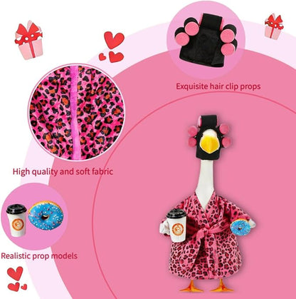 Lady Porch Goose Outfits, Spring Summer Goose Clothes Costume with Pink Leopard Bathrobe for 23/28" Lawn Cement Geese for Garden