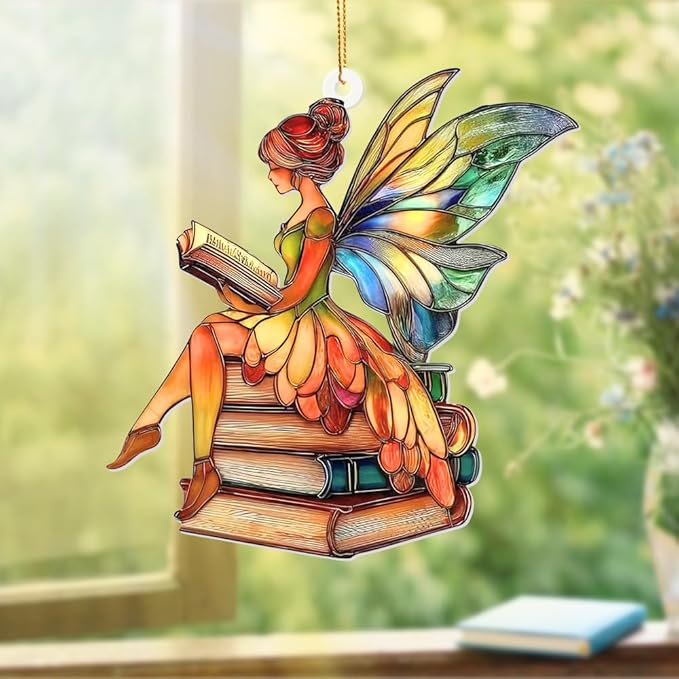 Reading Fairy Book Ornament – Stained Glass Style Acrylic Christmas Ornament, Book Lover Gift for Women, Teacher & Librarian Book Club Decorations, Fantasy Ornament Holiday Décor(Sun-15)