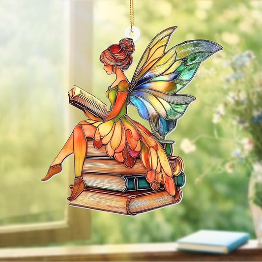 Reading Fairy Book Ornament – Stained Glass Style Acrylic Christmas Ornament, Book Lover Gift for Women, Teacher & Librarian Book Club Decorations, Fantasy Ornament Holiday Décor(Sun-15)