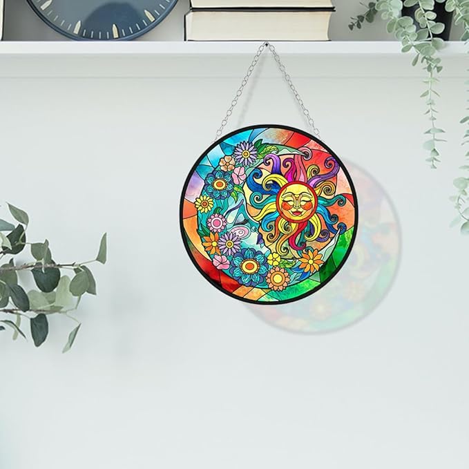WIRESTER Stained Glass Suncatcher 6 Inch, Glass Panel with Metal Chain, Sun Catcher Window Hanging Ornament for Indoor Outdoor Wall Art Home Decoration - Colorful Sun and Moon