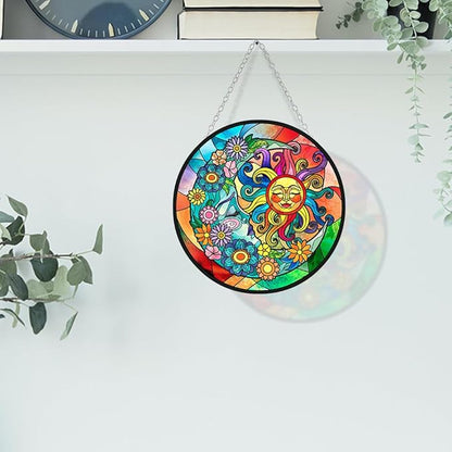 WIRESTER Stained Glass Suncatcher 6 Inch, Glass Panel with Metal Chain, Sun Catcher Window Hanging Ornament for Indoor Outdoor Wall Art Home Decoration - Colorful Sun and Moon