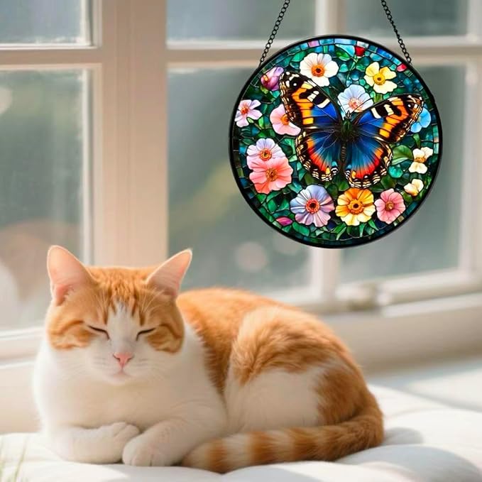 Stained Glass Window Hanging - A Beautiful Butterfly is Dancing in The Sea of Flowers 6.3 Inches Suncatcher for Garden Home Decor for Women Mon Grandma Friends