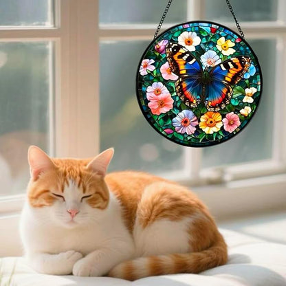 Stained Glass Window Hanging - A Beautiful Butterfly is Dancing in The Sea of Flowers 6.3 Inches Suncatcher for Garden Home Decor for Women Mon Grandma Friends