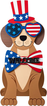 Glitzhome 30"H Patriotic Porch Sign Wooden Americana Labrador-shape Easel Porch Decor Front Door Sign for 4th of July Independence Day Memorial Day Decoration