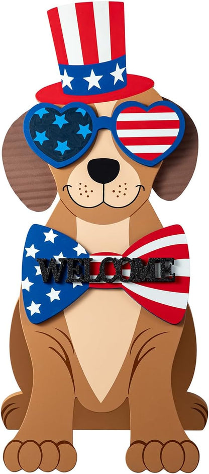 Glitzhome 30"H Patriotic Porch Sign Wooden Americana Labrador-shape Easel Porch Decor Front Door Sign for 4th of July Independence Day Memorial Day Decoration