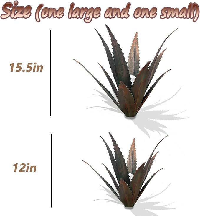 2 PCS Metal Agave Sculpture Decoration, Vintage Country Hand-Painted Sculpture DIY Metal Agave Plant, Home Garden Courtyard Lawn Outdoor Decoration (Serrated Antique Bronze Color)