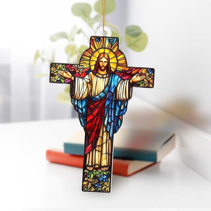 Stained Glass Jesus Cross Car Hanging Ornament – Acrylic Rearview Mirror Charm, Christian Cross Sun Catcher for Car or Home, Inspirational Religious Gift for Men & Women(Sun-29)