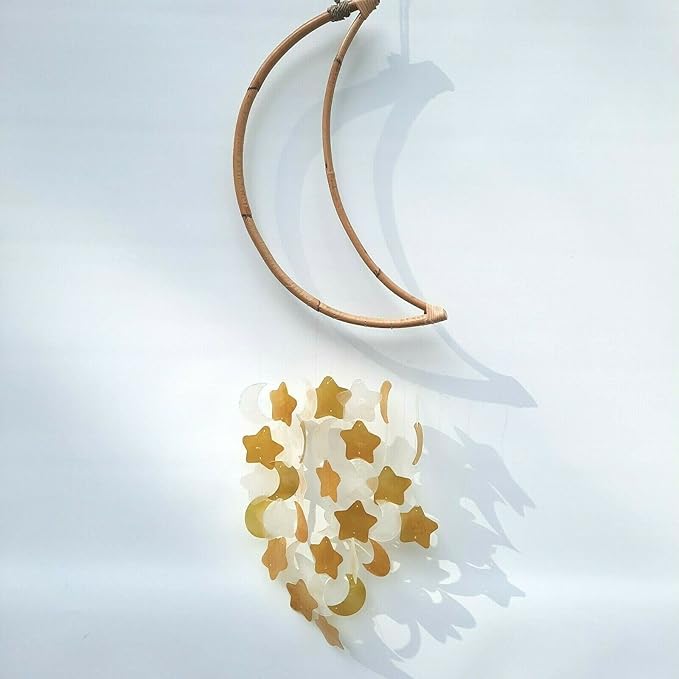 Beautiful and Unique Capiz Shell Wind Chime - Wind Chimes for Outdoors - Colorful and Whimsical Patio Decor - Ocean Decor - Garden Gifts (Moon - Gold Star)