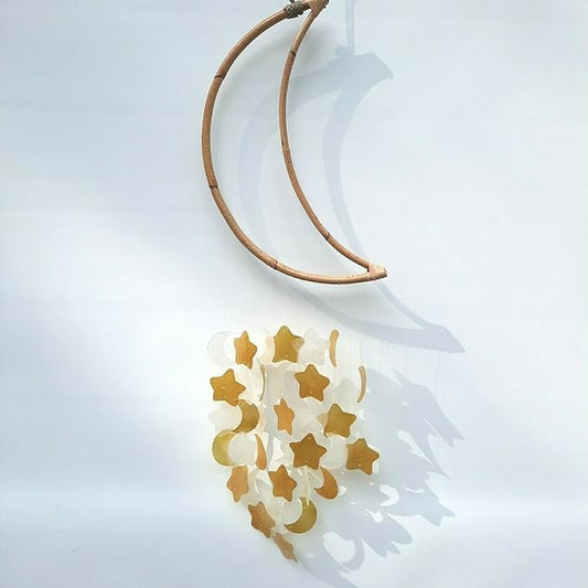 Beautiful and Unique Capiz Shell Wind Chime - Wind Chimes for Outdoors - Colorful and Whimsical Patio Decor - Ocean Decor - Garden Gifts (Moon - Gold Star)