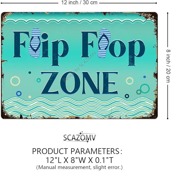 SCAZOMV Flip Flop Zone Sign Metal Tin Sign Funny Pool Signs Beach House Decor Vintage Pool Tropical Beach Patio Decoration 8"x12" Beach Signs for Home Decor