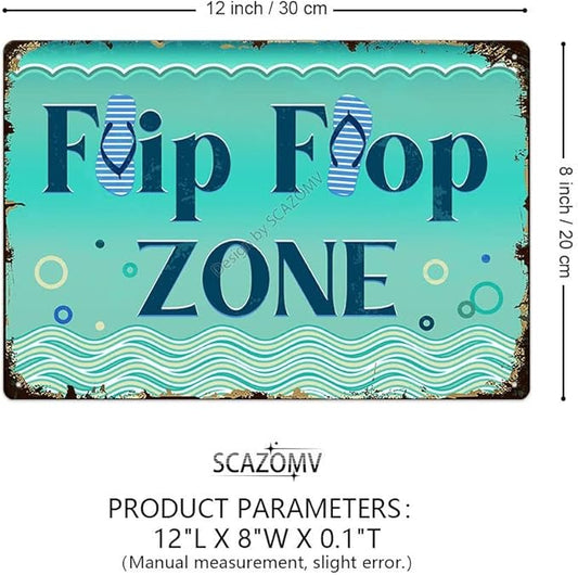 SCAZOMV Flip Flop Zone Sign Metal Tin Sign Funny Pool Signs Beach House Decor Vintage Pool Tropical Beach Patio Decoration 8"x12" Beach Signs for Home Decor