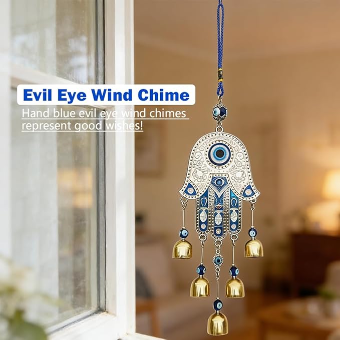 Evil Eye Metal Wind Chimes with Bell, Handing Wind Chime for Home Decoration Accessories, Blue Lucky Evil Eye Wall Decor Pendant for Indoor