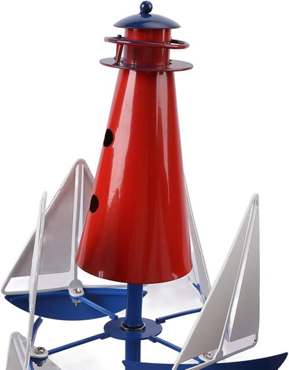 Fdit Sailboat Windmill, Metal Garden Wind Sculpture, Red White Blue, Lighthouse Art Design, for Lawn Patio Decoration