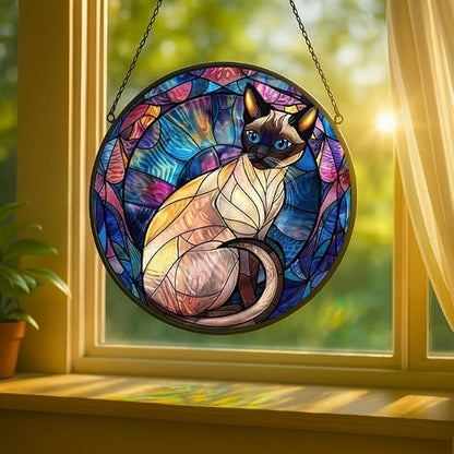 Stained Glass Window Hanging - Halloween Siamese Cat， 6.3in Sun Catchers Panel for Indoor Decorative Display for Mom， Wife， Lovers， Festive