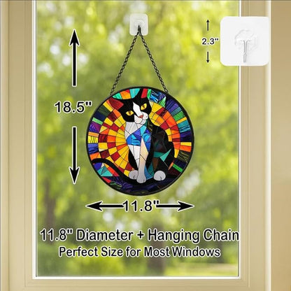 Stained Glass Window Hanging - Tuxedo Cat Rainbow Pattern 11.8in Sun Catchers Indoor Stained Glass Panels Wall Decor for Mom Wife Lovers Festive