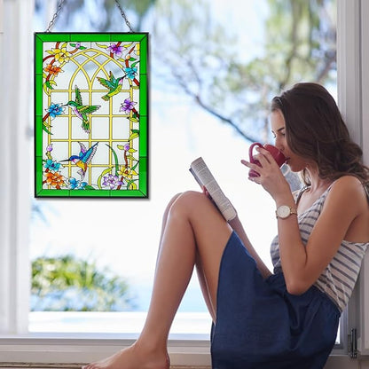 Viveta Hummingbird Stained Glass Window Hanging, Suncatchers Stained Glass Panels Hand-Painted Art Decor with Chain, Gift for Mom Grandma Christmas Decor 10 * 15"