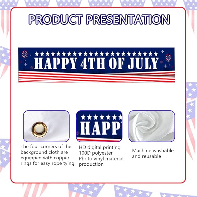 Happy 4th of July Banner 20 * 120inch Decorations Outdoor Patriotic Yard Sign Party Supplies Red White and Blue Stars USA Independence Day Backdrop for Outside Indoor Fence Balcony Garden Decorations